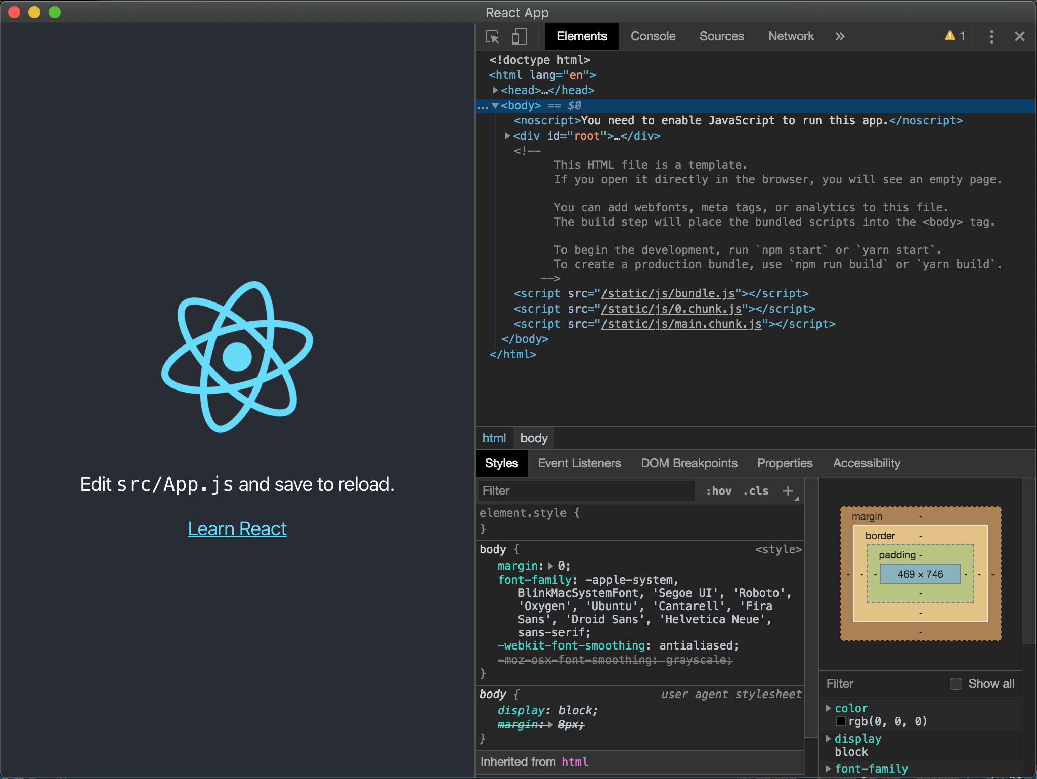 Screenshot of running Electron app with debugger