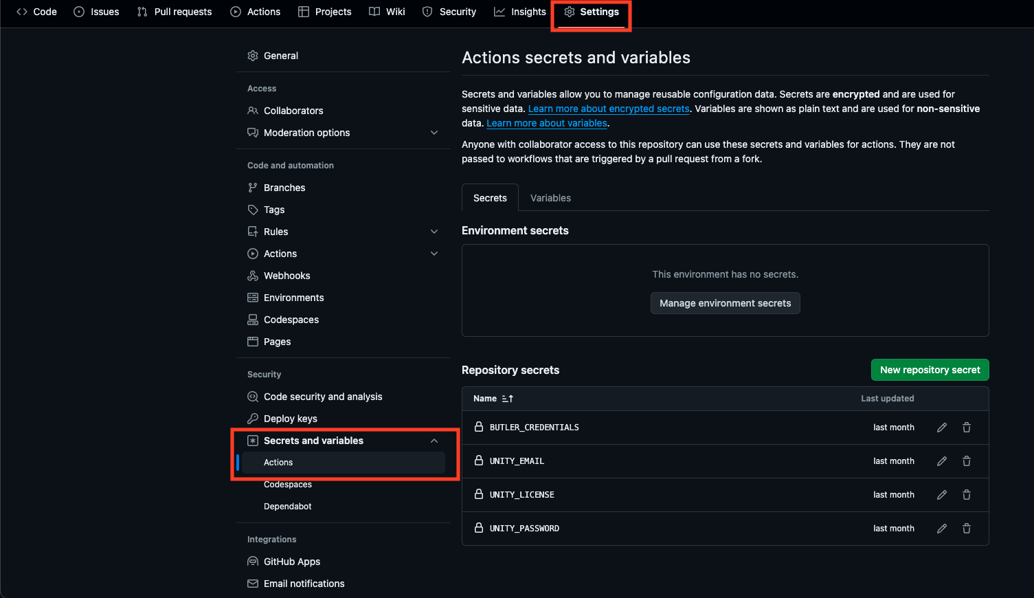 Image of GitHub project setings page, showing the location of the repository secrets and variables required to make the CI/CD set up work