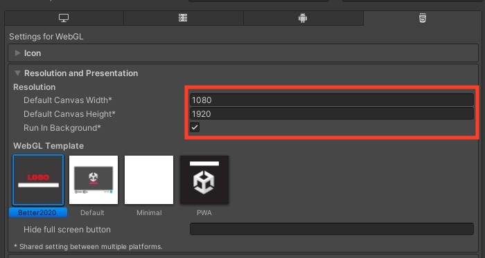 Image showing the change to the player settings resolution for Web builds